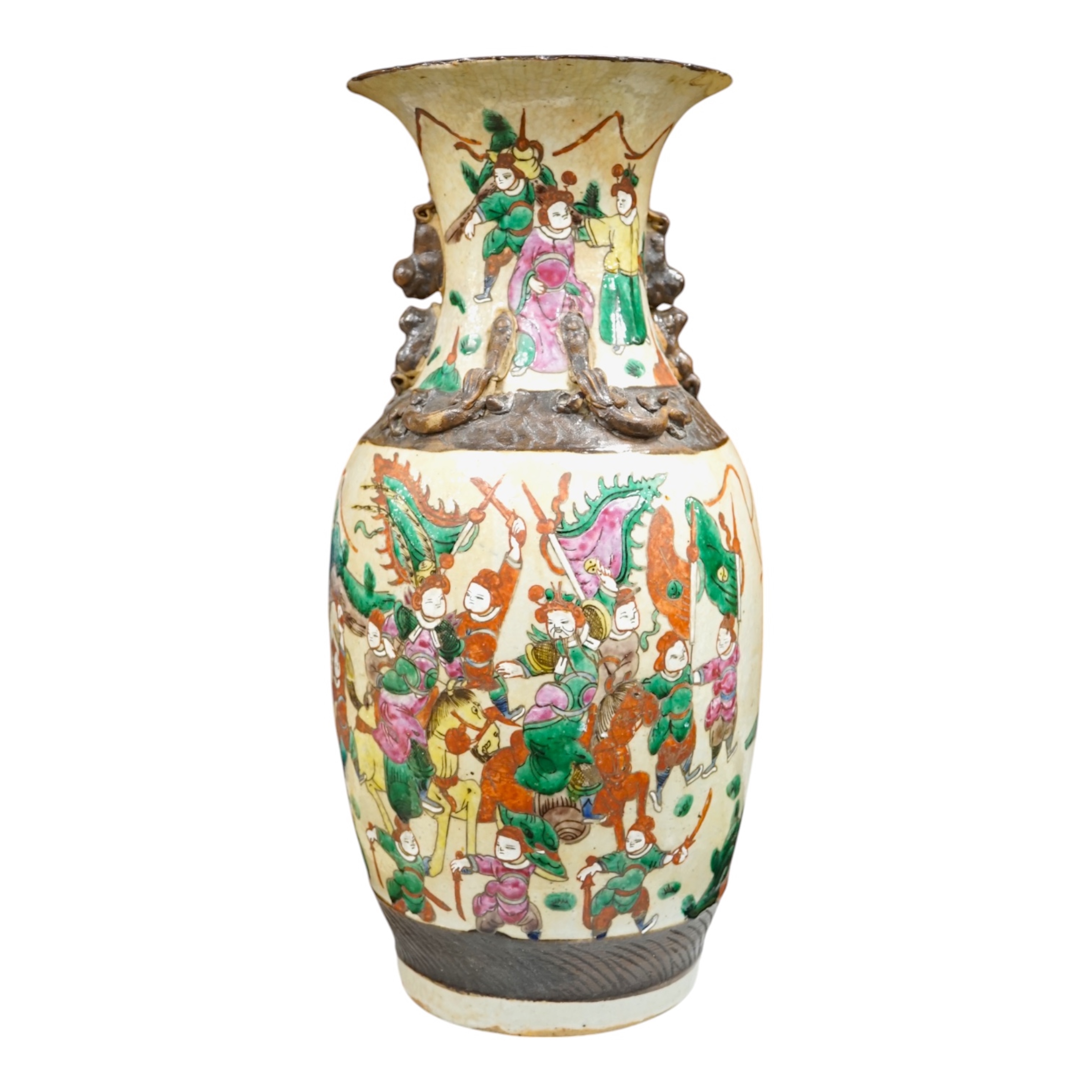 A Chinese crackleglaze famille rose 'Warriors' vase, early 20th century, 44cm high. Condition - poor